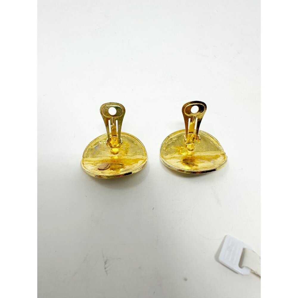 Chanel Pair of Gold Plated Black Metal Clip On Earrings Interlocked C Logo Round - Picture 3 of 5